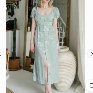 Zara Floral Jacquard Satin Mint Green Blue Maxi Ankle Length Dress size small